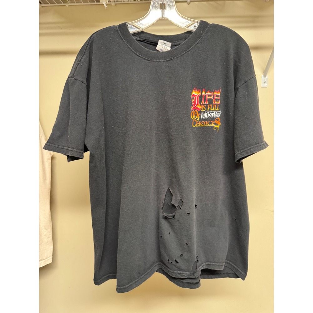 Vintage Anvil Biker T-Shirt XL Life is Full of Important Choices Thrashed Black